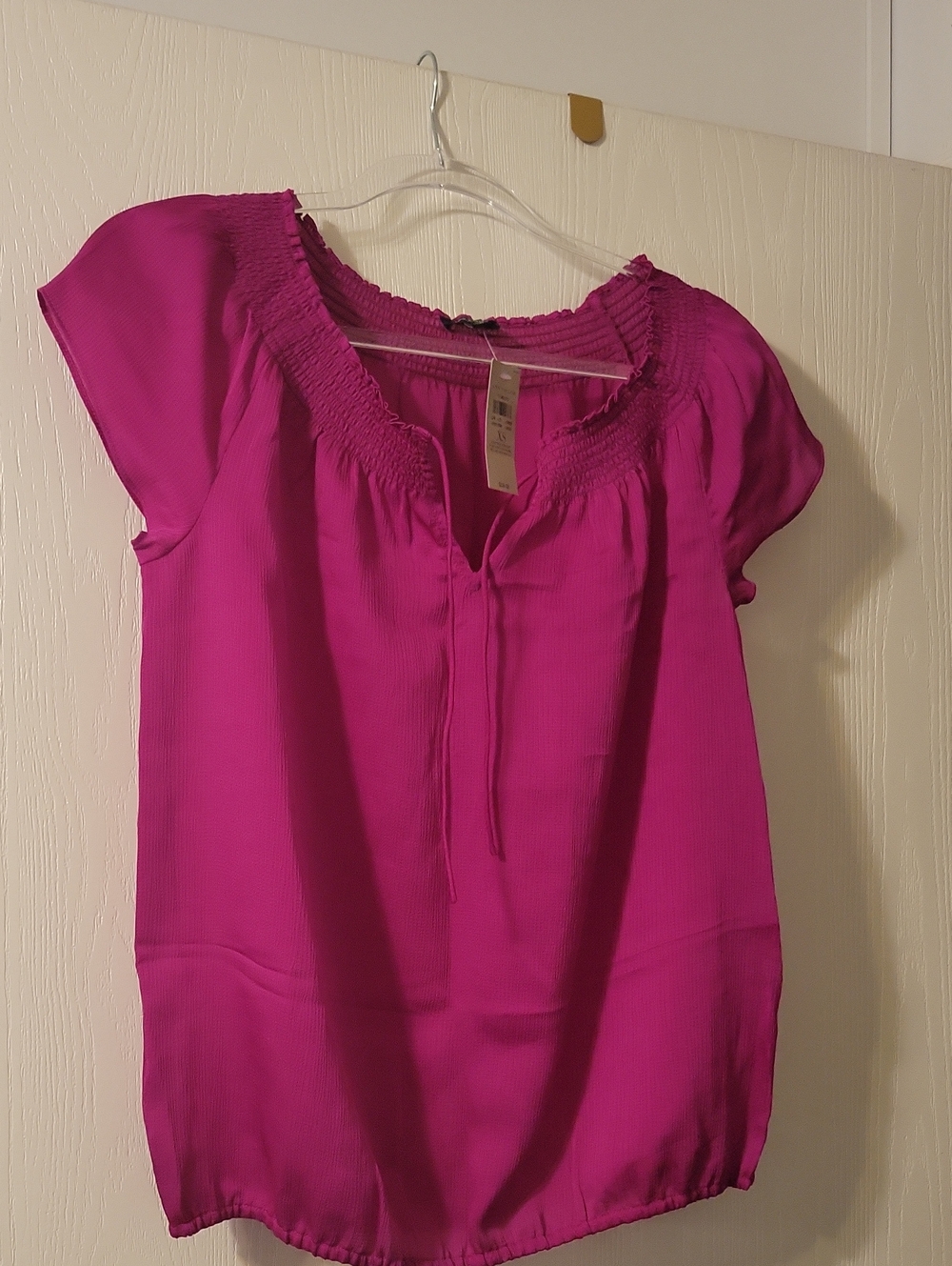 Ann Taylor Fuchsia Smocked Neck Cap Sleeve Blouse
